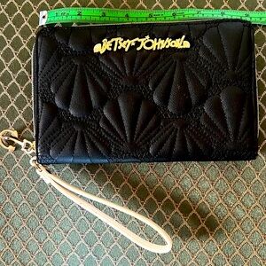 Betsey Johnson Wristlet Black, seashell pattern Quilted Faux Leather Clutch